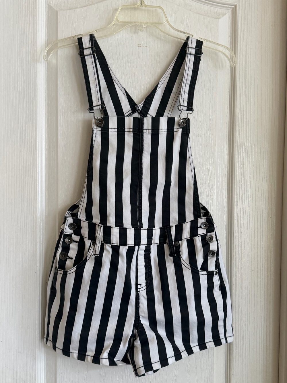 Blackheart Black and White Striped Short Overalls for Women/Juniors